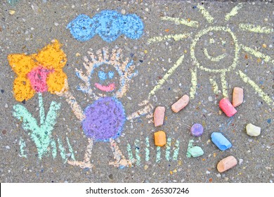 Side Walk  Chalk On The Side Walk With Children Drawing With Sun , Flowers And Doll.. Happy Spring, Summer Painting