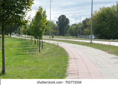 Side Walk With Turning Road And Trees Background.