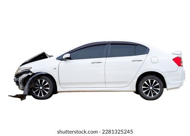 Side of white car get damaged by accident on the road. Broken cars after collision. auto accident, isolated on white background with clipping path