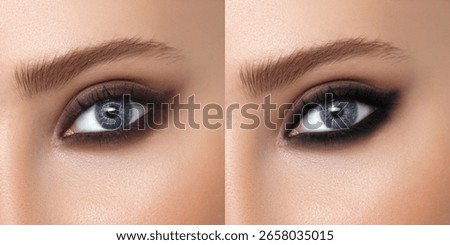 Side-by-side close-up of a model's eye with two variations of smokey eye makeup: one in soft brown tones, the other in dramatic black. Perfect for showcasing makeup transitions or before-and-after eff