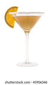 Sidecar Mixed Drink With Orange Slice Garnish On White Background