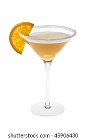 Sidecar Mixed Drink With Orange Slice Garnish On White Background