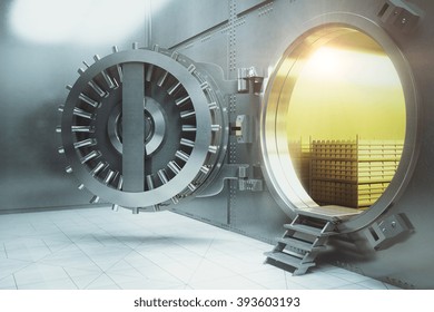Sideview of an open bank vault with gold stacks. 3D Render 