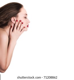 Sideview Portrait Of Beauty Woman With Red Bright Manicure On White Background