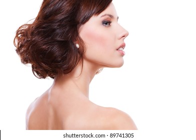 Sideview Portrait Of Young Alluring Woman. Isolated On White Background