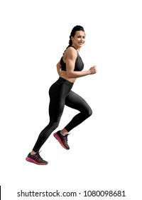 Sideview Of Running Athletic Female. Smiling Woman With Fit, Curvy Body Doing Sport Exercises. Model Having Slim, Stunning Figure, Wearing Sport Trousers And Top, Also Sneackers For Professional Run.