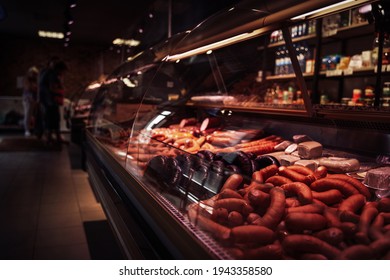 Sideview Of A Stylish Butcher Shop And Its Fridged Counter With Meat