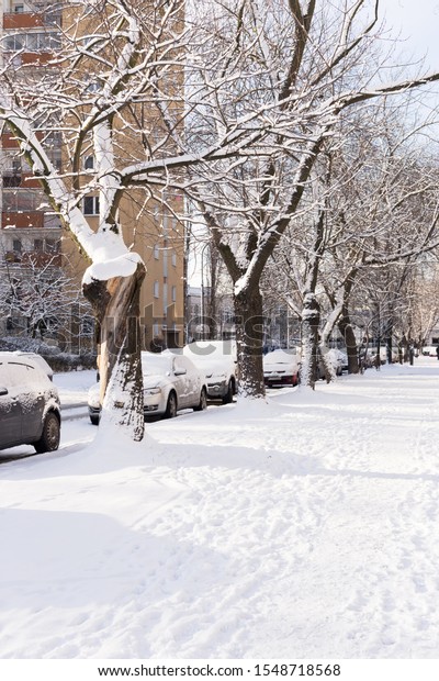 Sidewalk and cars in snow in a typical Polish town\
in winter