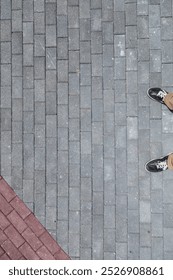 Sidewalk tiles. Gray and red. Rectangular.