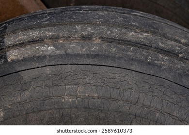 Sidewall cracking on farm implement tire. Tire damage, farming and agriculture equipment maintenance concept.
