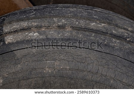 Sidewall cracking on farm implement tire. Tire damage, farming and agriculture equipment maintenance concept.
