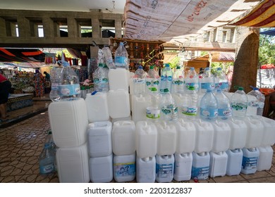 Sidi Harazem, Morocco - September 14, 2022; Stack Of Empty Plastic Water Containers In Sidi Harazem