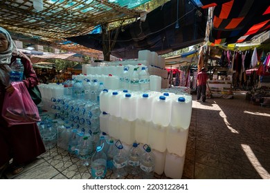 Sidi Harazem, Morocco - September 14, 2022; Stack Of Empty Plastic Water Containers In Sidi Harazem