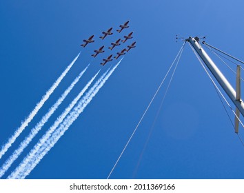 Sidney BC, Canada - July 19, 2021. Snowbirds air jets fly in formation over Sidney BC during Operation Inspiration to honor healthcare workers helping stop spread of Covid-19