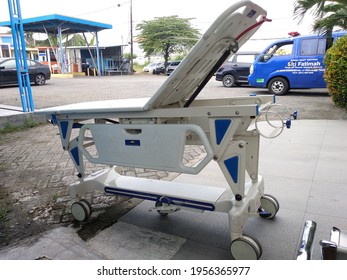 Sidoarjo, Indonesia, April 15, 2021: Patient Transfer Stretcher On Hospital