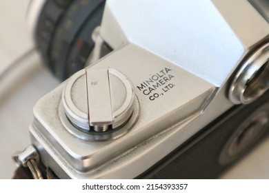 SIDOARJO, INDONESIA - May 05, 2022: Close Up Film Rewind Crank, Minolta SR-1 Analog Film Camera, Launched In 1966.