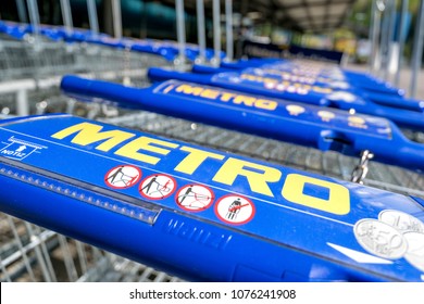 SIEGEN, GERMANY - April 22, 2018: Metro Shopping Carts Made By Wanzl. Metro Cash & Carry Is The Largest Sales Division Of The German Trade And Retail Giant Metro AG.