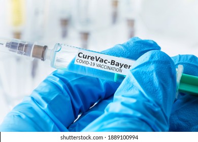 siegen, north rhine westphalia, germany - 07 01 2021: a curevac and bayer covid-19 vaccination concept