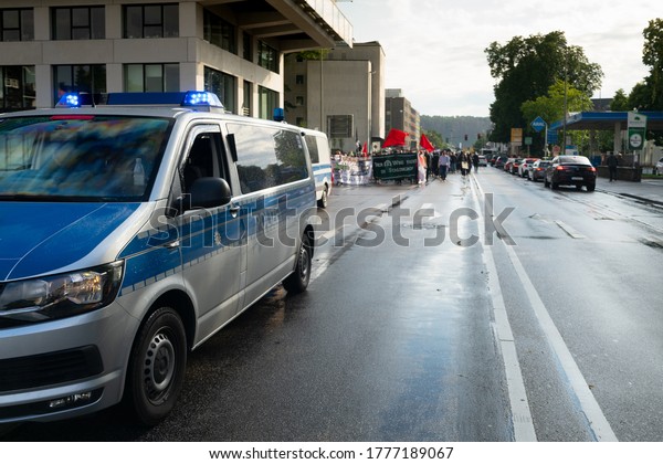 Siegen, NRW, Germany -\
07.10.2020 : The police escorte a protest march in the city center\
of Siegen.