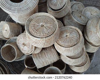 Siem Reap, Cambodia - 06 Feb 2022: Beautiful Rattan hand made product by local Cambodian. The products are use for daily consumption and interior decorations.  