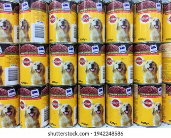 SIEM REAP, CAMBODIA - APRIL 28, 2020: Various Pedigree products for sale at a local supermarket. Pedigree Petfoods is a subsidiary of the American group Mars, Incorporated specializing in pet food.