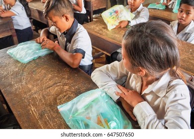 Siem Reap, Cambodia - AUGUST 25, 2016: Cambodian Students Studying At A School In Cambodia On The Teaching Volunteer Project