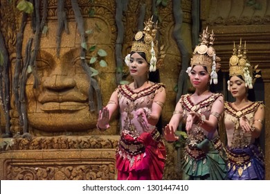 Siem Reap, Cambodia : December-16-2018 : Apsara Khmer dance depicting the Ramayana epic. Siem Reap, Cambodia. Apsaras represent an important motif in the stone bas-reliefs of the Angkorian temples.