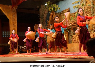 SIEM REAP, CAMBODIA - FEB 14, 2015 - Traditional Cambodian basket dance from rural village, Banteay Srei Cambodia