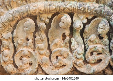 SIEM REAP, CAMBODIA -July 13, 2019: Beautiful stone carving details on the lintel of East Mebon temple, a 10th-century Cambodian temple