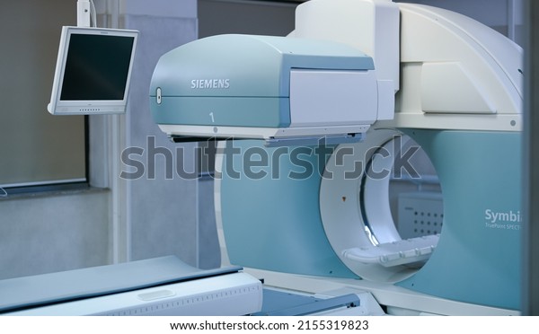 A Siemens Computer Tomography PET CT medical\
machine at a radiology section inside a hospital. Medical\
equipments. Romania, 2022.