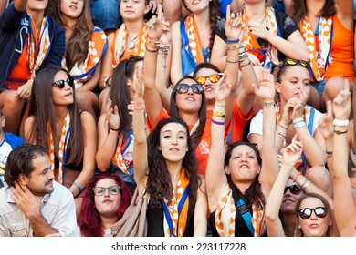 SIENA, ITALY - AUGUST 15: Fans In Pre-start Of Annual Traditional Palio Di Siena Horse Race In Medieval Square 