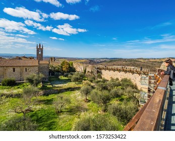 Siena, Italy - March 2019: Panorama Of Medieval Village Of Monteriggioni Within The Defensive Walls In Tuscany Architecturally Significant, Referenced In Dante Alighieri Divine Comedy