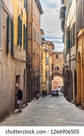 Siena, Italy - October 02, 2018: Medieval Narrow Street Via Giovanni Dupre In Old City Siena