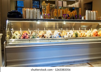 Siena, Italy - October 06, 2018: Italian Ice-cream Shop. Counter With Different Varieties Of Ice Cream