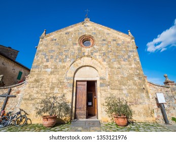 Siena, Italy: Panorama Of Medieval Village Of Monteriggioni Within The Defensive Walls In Tuscany Architecturally Significant, Referenced In Dante Alighieri Divine Comedy