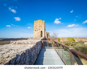 Siena, Italy: Panorama Of Medieval Village Of Monteriggioni Within The Defensive Walls In Tuscany Architecturally Significant, Referenced In Dante Alighieri Divine Comedy