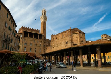 Siena / Italy-September 21 2019: Plaza On The Back Of Palazzo Publico In Siena, Italy