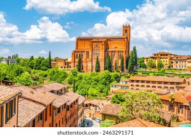 Siena, medieval town in Tuscany, with view of the Dome  Bell Tower of Siena Cathedral,  Mangia Tower and Basilica of San Domenico, Italy - Powered by Shutterstock