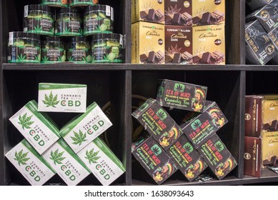 Siena, Tuscany, Italy - January 31th, 2020 : Legal Cannabis Products, With CBD, For Sale On A Store Shelf