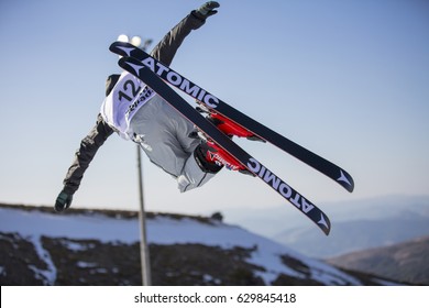 SIERRA NEVADA - SPAIN: MARCH 15, 2017: FIS Freestyle Ski And Snowboard World Championship 2017. Ladies And Men's Halfpipe Training. PORTEOUS Nico NZL