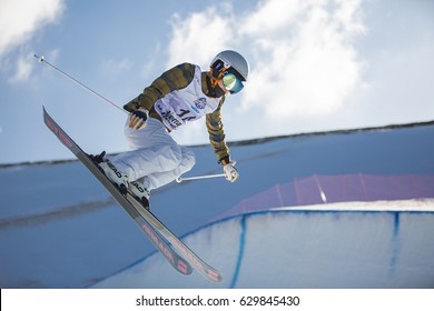 SIERRA NEVADA - SPAIN: MARCH 15, 2017: FIS Freestyle Ski And Snowboard World Championship 2017. Ladies And Men's Halfpipe Training. WATABE Yurie JPN