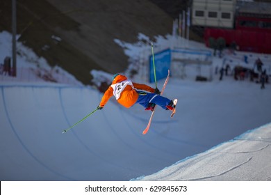 SIERRA NEVADA - SPAIN: MARCH 15, 2017: FIS Freestyle Ski And Snowboard World Championship 2017. Ladies And Men's Halfpipe Training. MAO Bingqiang CHN