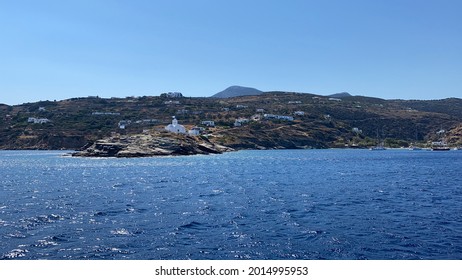 Sifnos, Greece - June 23 2021: Chrisopigi Monastery at the entrance to Pharos bay on Sifnos island