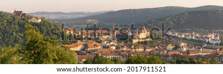 Sighisoara cityscape in summer, Romania. Big panorama of the Sigishoara old town. Towers and rooftops of medieval city of Sighishoara in Transylvania, Romania. Birthplace of Vlad Dracula