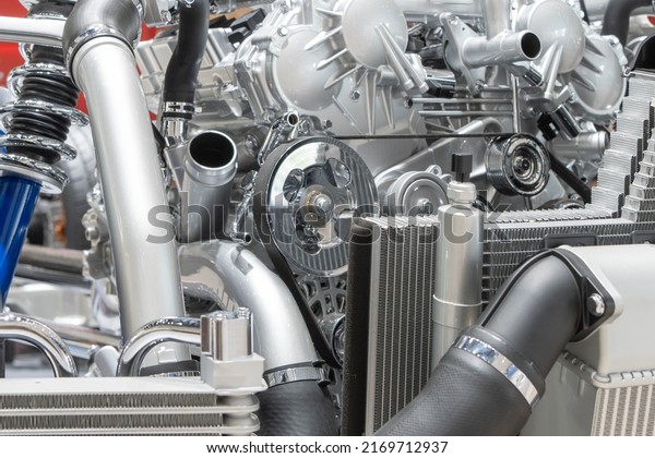 The sight of\
Close-up of an automobile\
engine\

