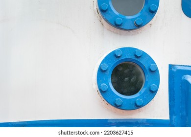 Sight Glass Hole For Monitoring The Level Of Chemical Mixer Silo Reactor. Industrial Equipment Object Photo.