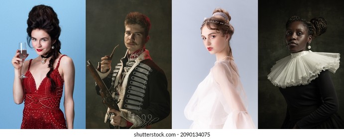 Sight. Set of women and man as medieval persons or characters from famous artworks in vintage clothing isolated on colored background. Concept of comparison of eras, modernity and renaissance style.