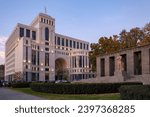 Sights Armenia. City of Yerevan. Ministry of foreign affairs of Armenia. Beautiful building with evening lighting. Monument to Stepan Shaumyan. Yerevan on summer evening. Architectural sights Armenia