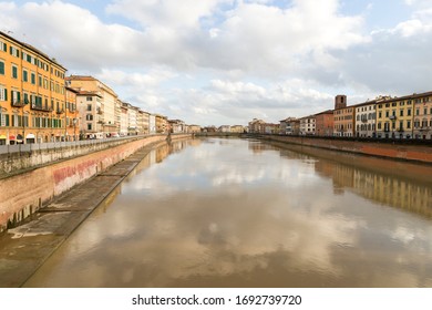 Sights of Arno River from Ponte di Mezzo Bridge in Pisa, Tuscany Region, Italy.