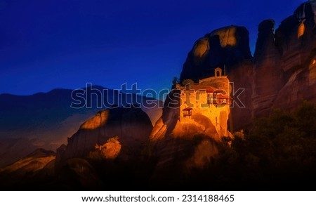 Sights of Greece. Meteor temples. Mountains of Thessaly. Ancient temple in summer night. Church in Greece. Meteor rocks in evening. Medieval temple on top of cliff. Travel to Greece.